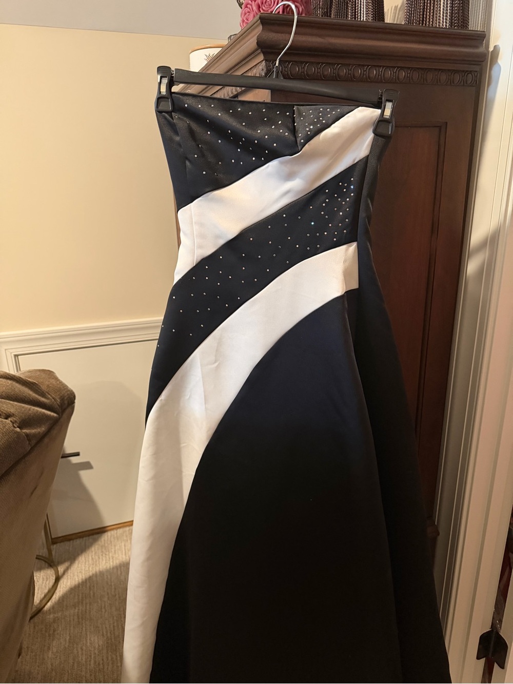 Scott McClintock Strapless Black and White Evening Gown with Crystal Accents